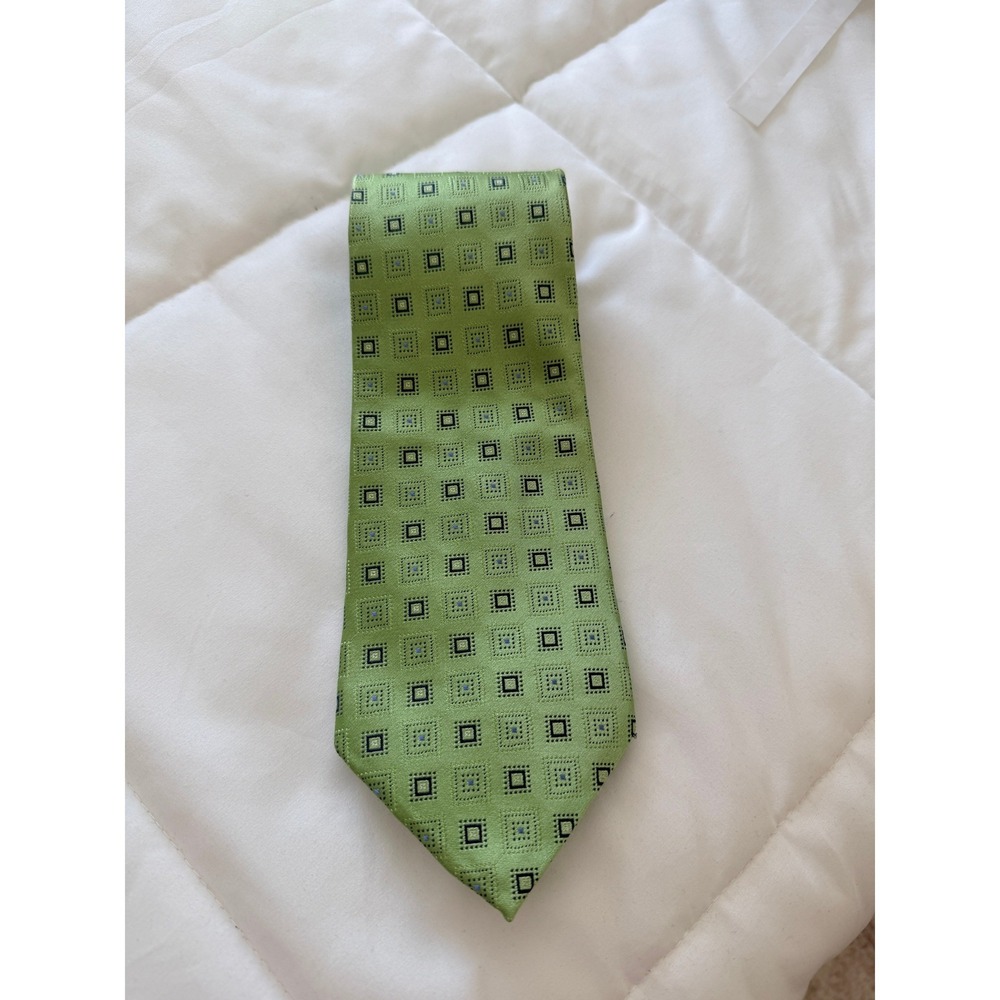 Burma Bibas Mens Silk Necktie Lime Green Navy Blue Geometric Square Pattern Tie